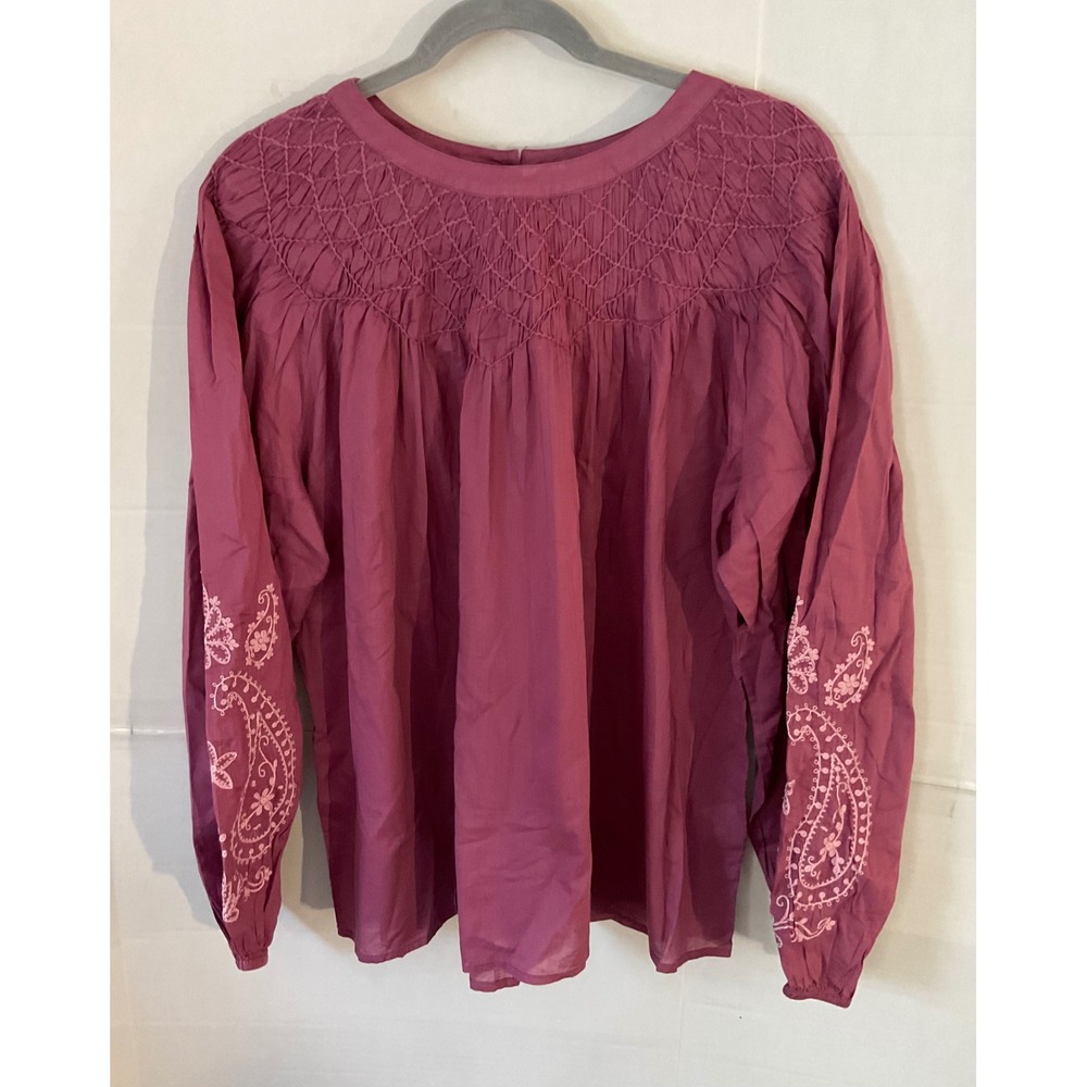 LOGO LAVISH Smocked Neck Embroidered Sleeve Peasant Blouse Mauve Pink Size L